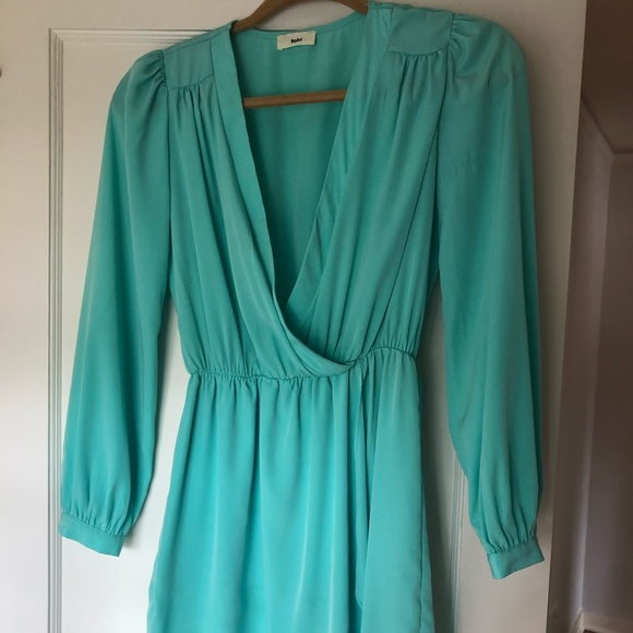 Teal/ Mint Long Sleeve Mini Wrap Cocktail Dress - Picture 5 of 7